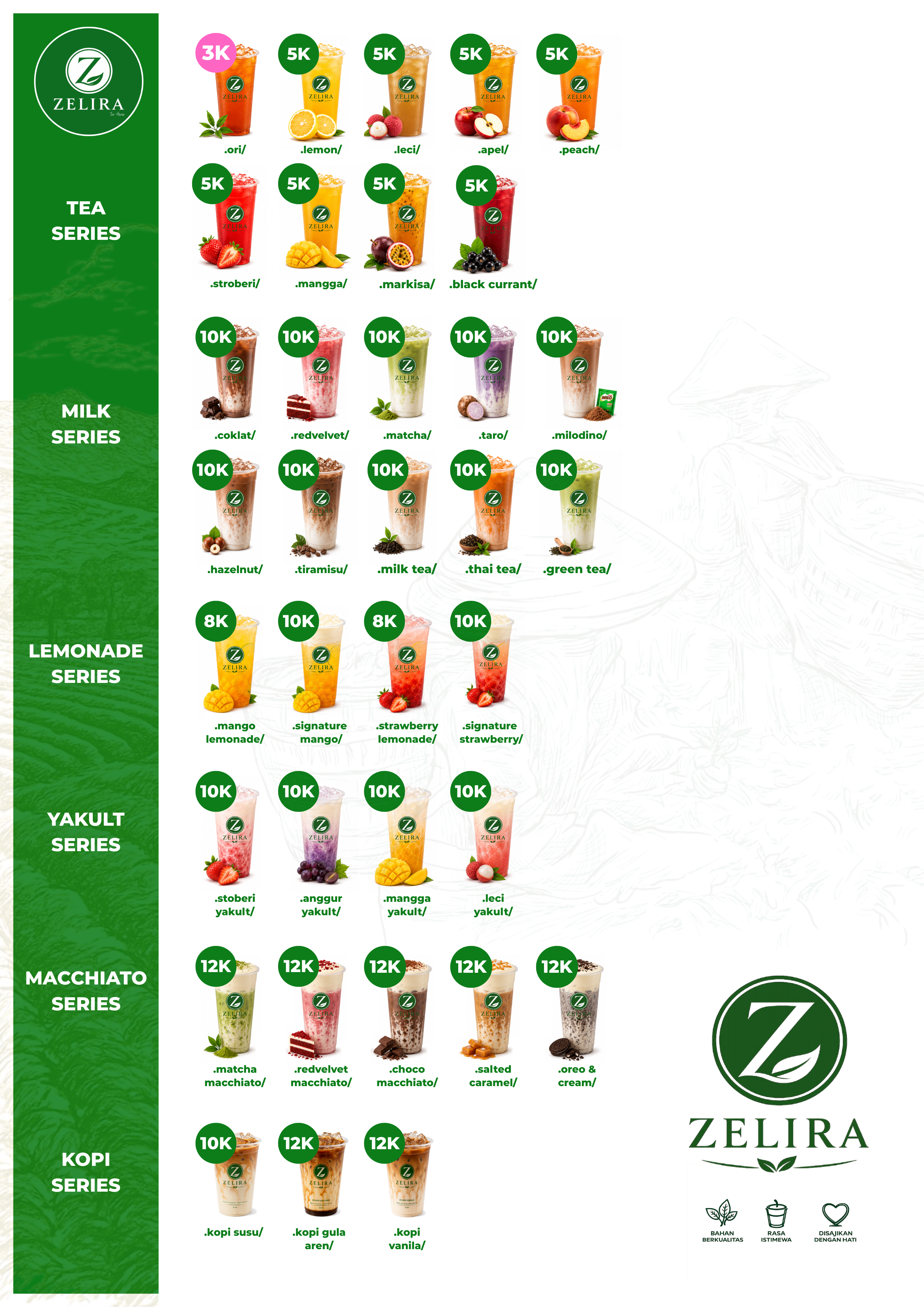 Menu lengkap Zelira Tea House meliputi Tea Series, Milk Series, Lemonade, Yakult, Macchiato, dan Kopi Series beserta harga
